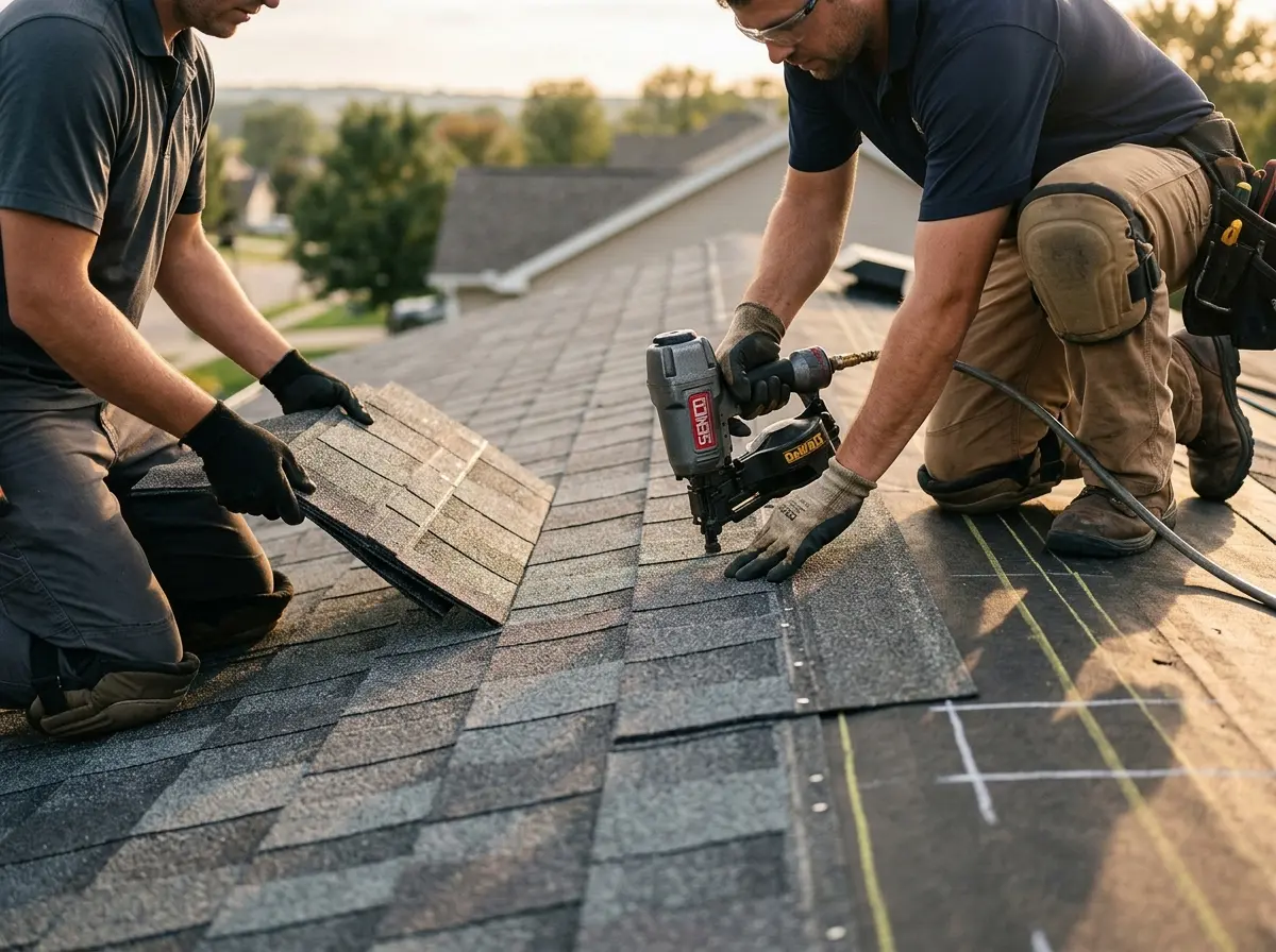 Professional roofer working on a residential roof in Ellensburg
